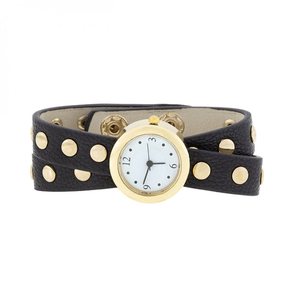 Black Round Studded Wrap Watch